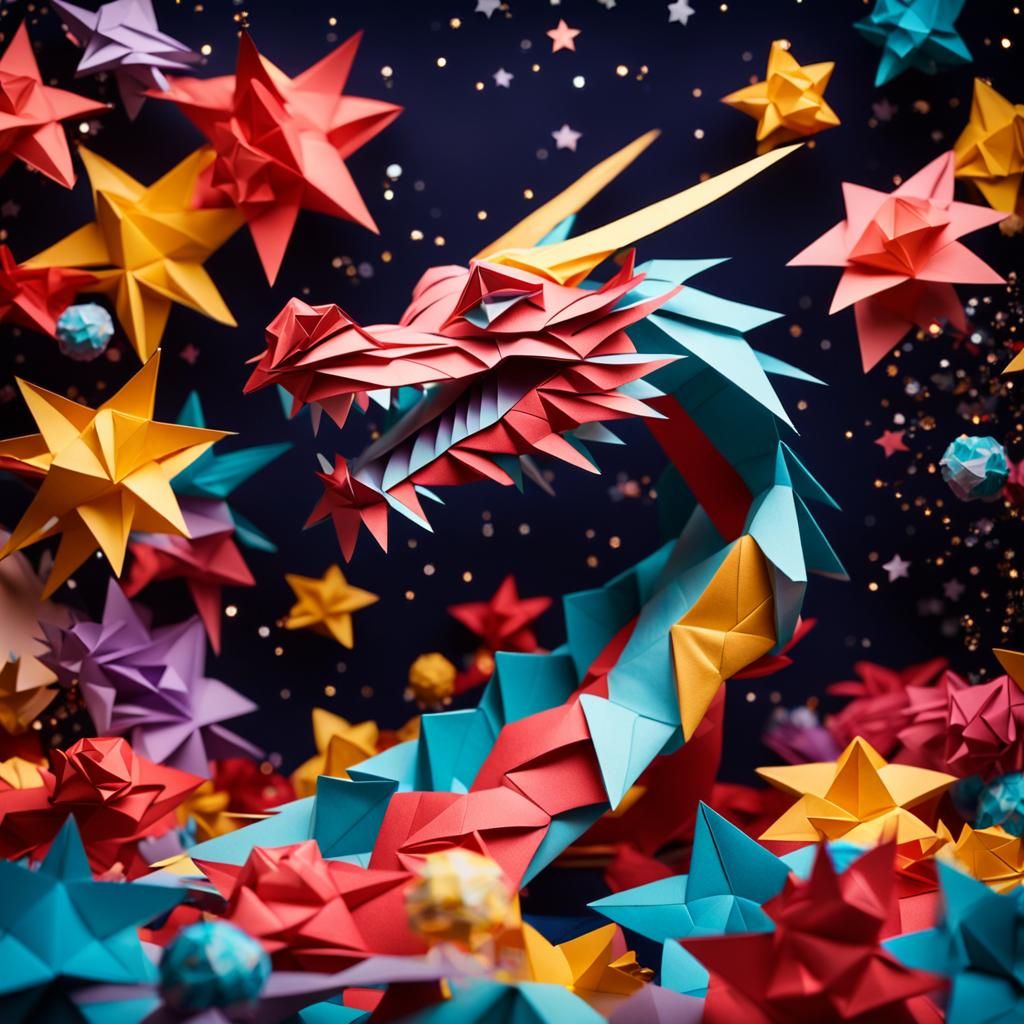 Cosmic Origami Dragon Eating Stars in Space