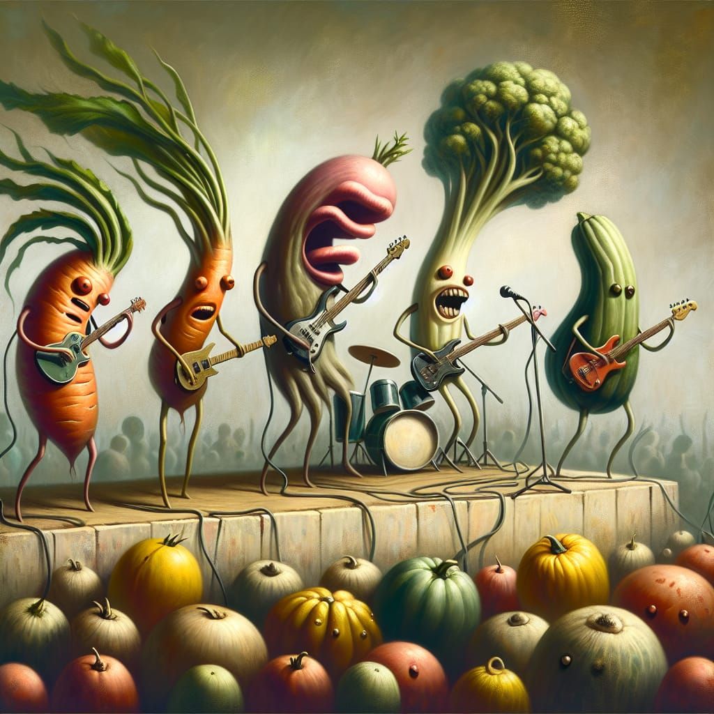 Surreal Vegetables Rock Out in Dreamlike Painterly Scene