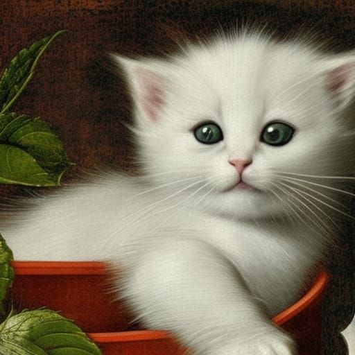 Kitten in Teacup: Renaissance-Style Digital Art