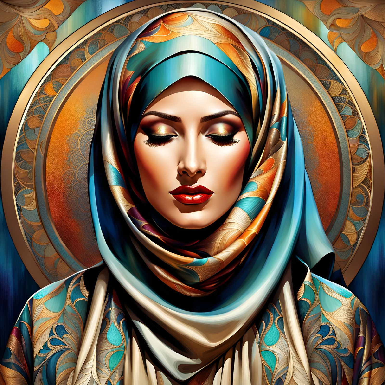 Confident Hijabi Woman with Closed Eyes, Digital Art Nouveau