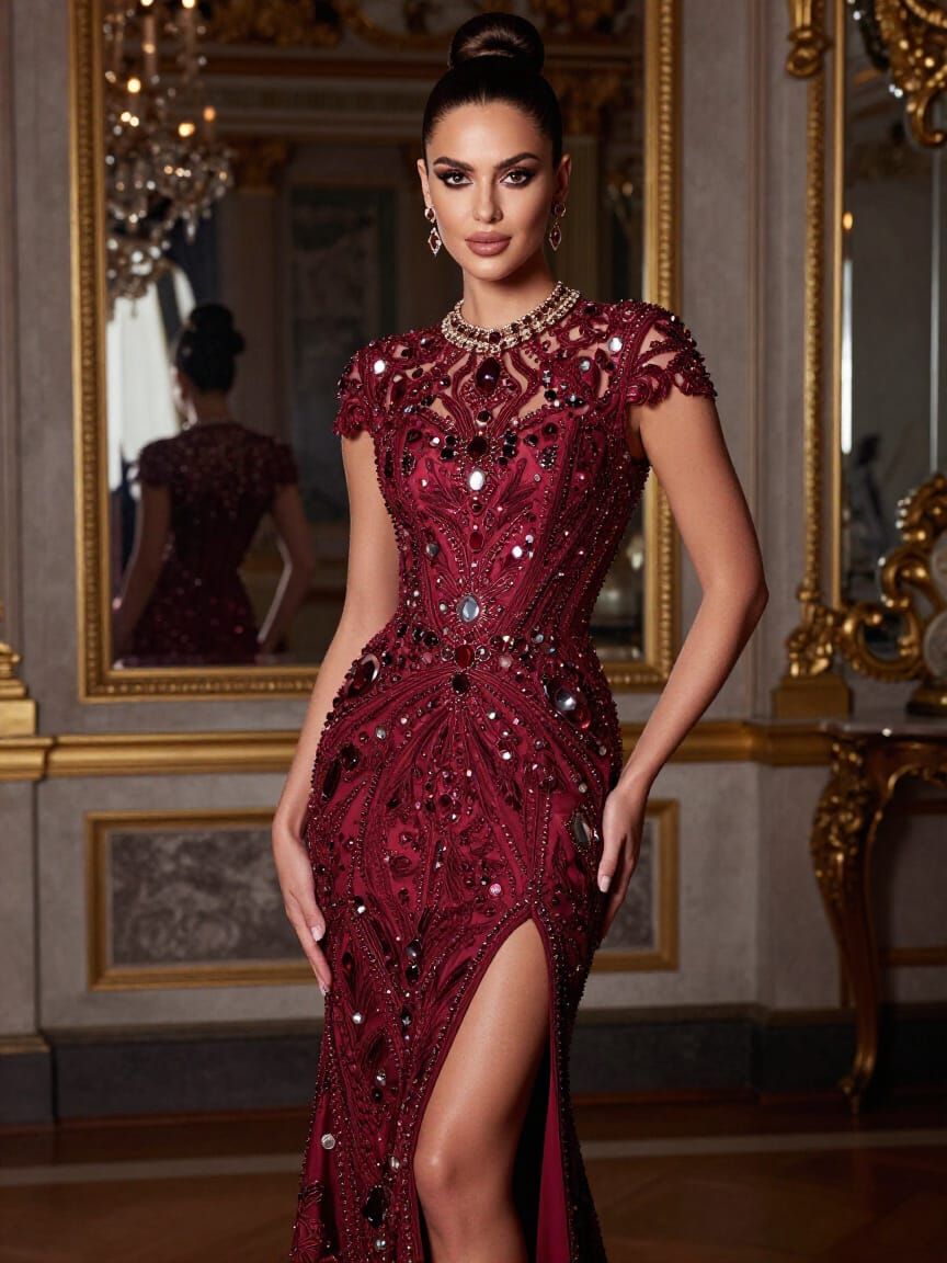 Ruby Red Evening Dress with Mirror Embroidery in Palace
