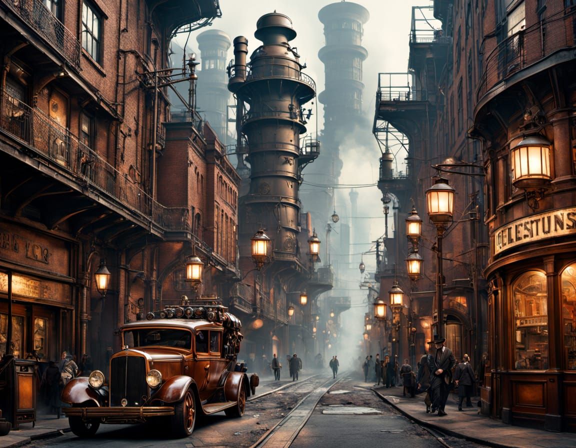 Steampunk Metropolis: 1920s Cityscape with Brass Architectur...