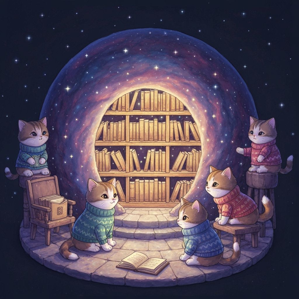 Kittens Reading Starry Books in Cozy Book Nook