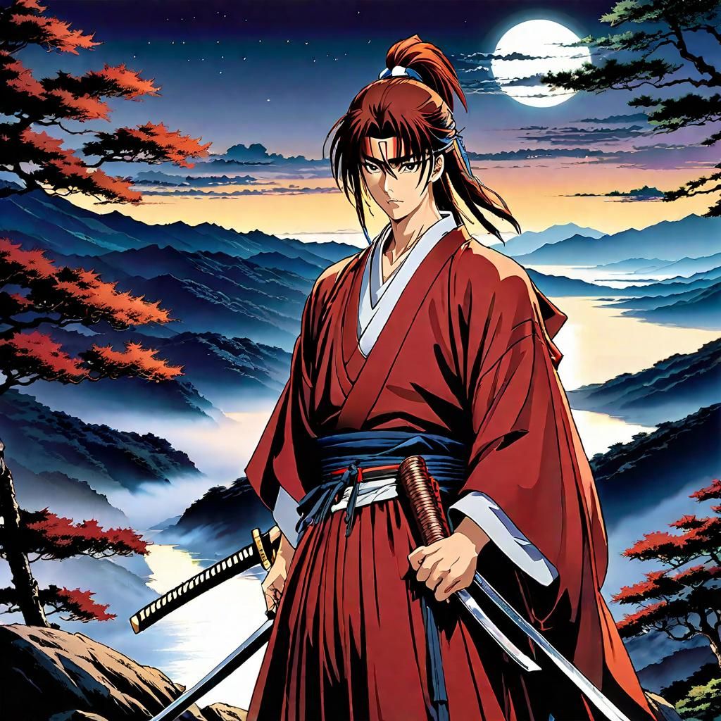 Kenshin Overlooking Moonlit Vista in Manga Style