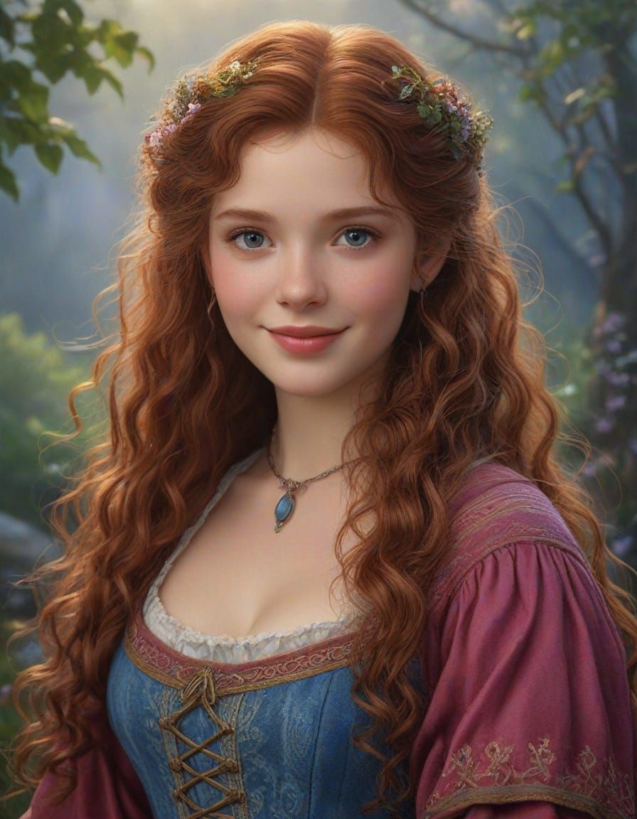 Ethereal Hobbit Lady in Raspberry Dress Outside the Shire