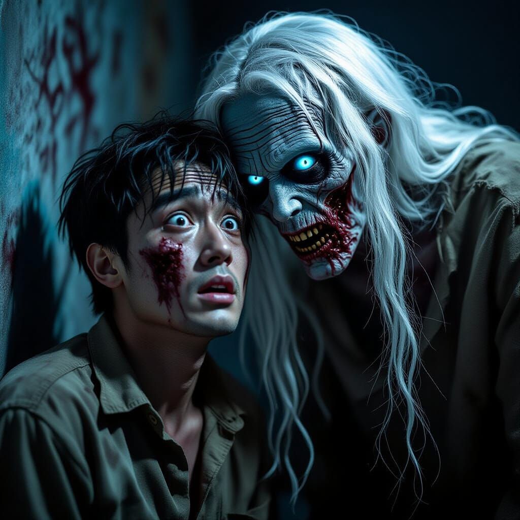 Creepy Zombie Confrontation in Dark Horror Style