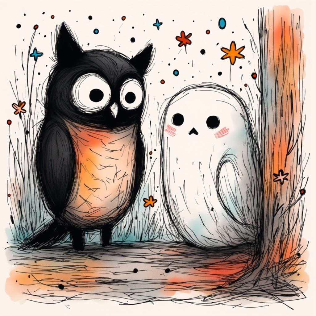Ghost and Owl in Attic with Minimalist Scribbles
