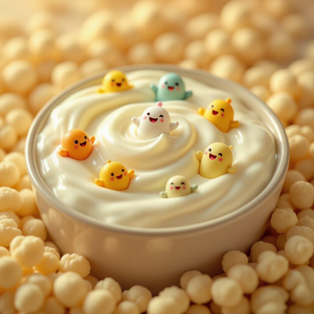 Friendly Yogurt Bacteria as Joyful Characters in Macro Photo