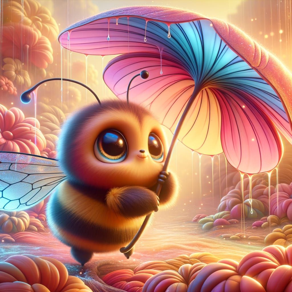 Bee Under Rainy Flower Umbrella in Whimsical Garden