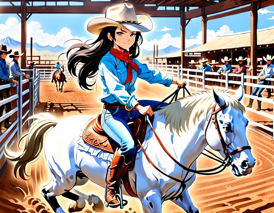 Anime Japanese Cowgirl Rides Bronco in Corral