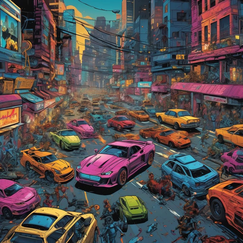 Robotic Sports Cars Battle in Neon City