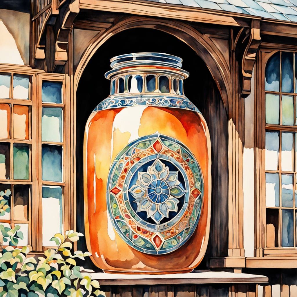 Vintage Watercolor Jar Emerging from a Hole in a House Exter...