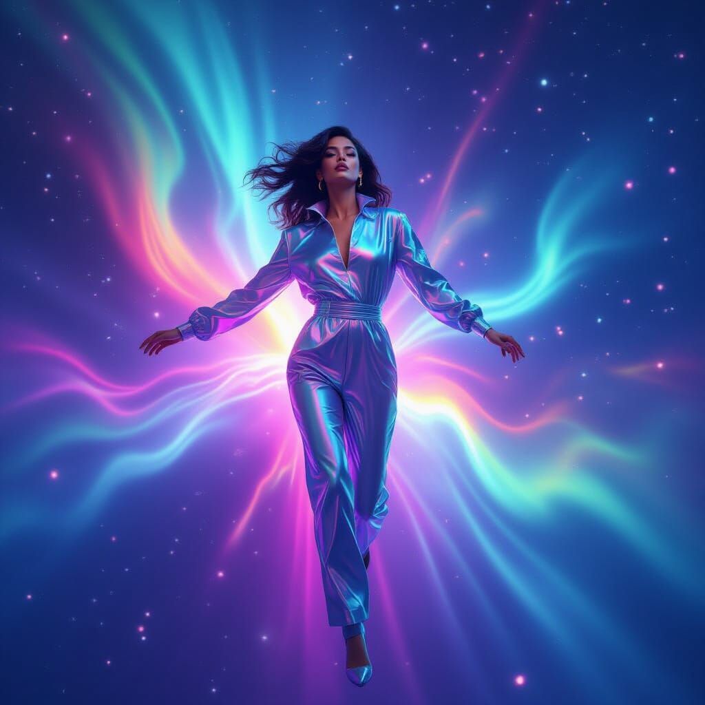 Woman in Iridescent Jumpsuit Amidst Cosmic Aurora