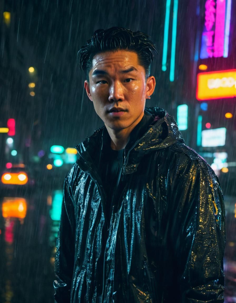 Cyberpunk Hacker in Rainy Dystopian Cityscape