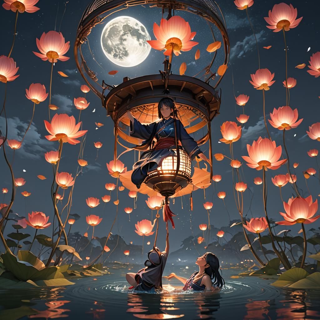 Anime Girl with Lantern Under Aztec Moon