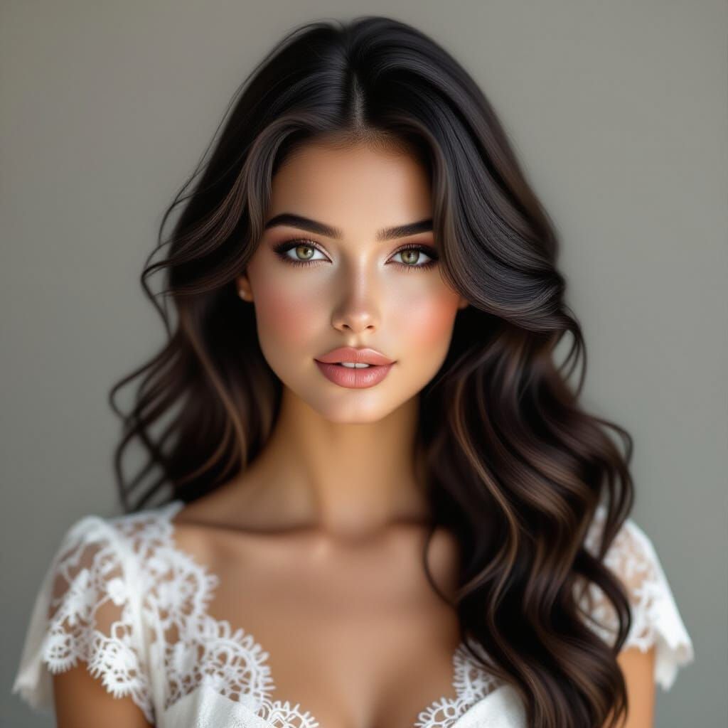 Hyperrealistic Portrait of a Woman with Wavy Hair in Lace Dr...