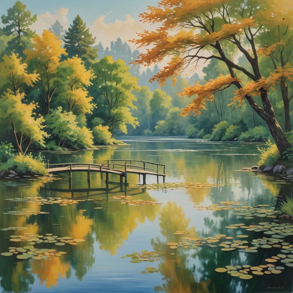 Island Bridge in Lake: Impressionist Landscape Painting