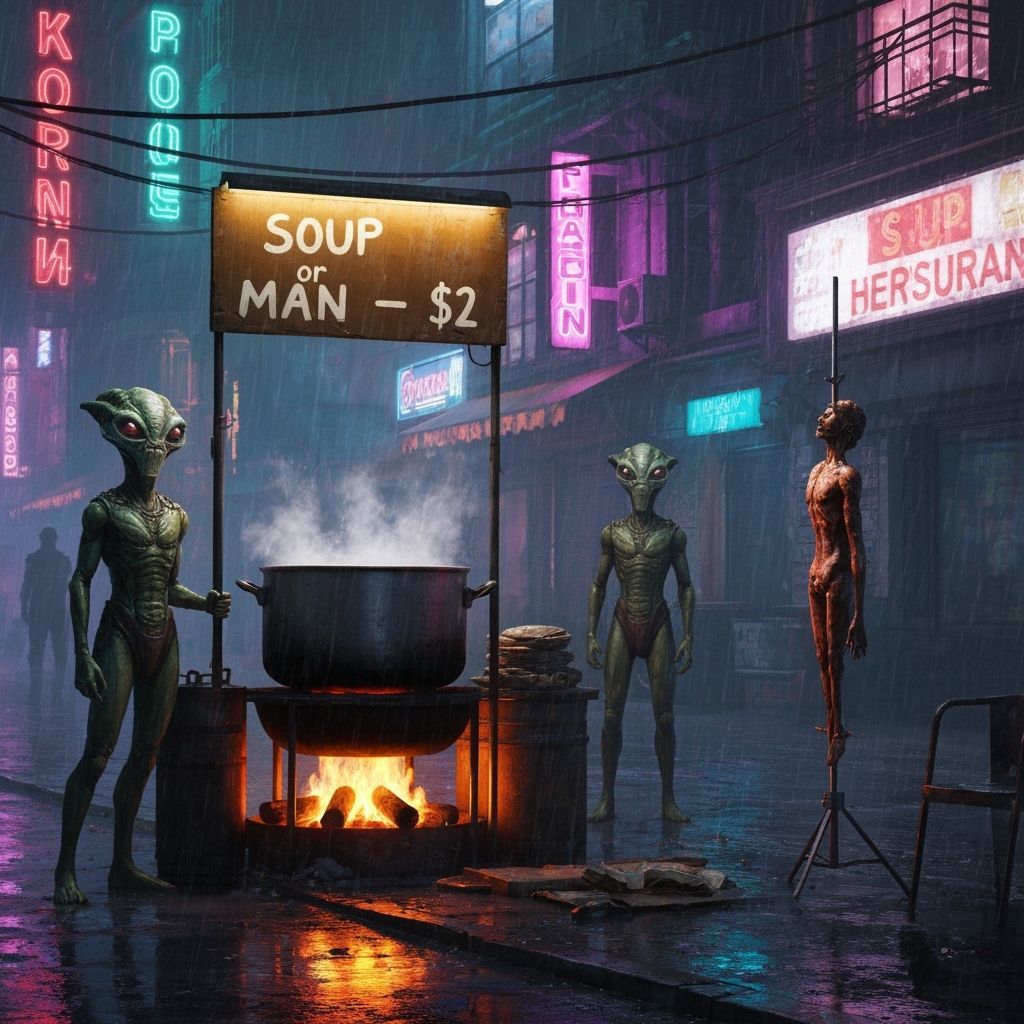 Alien Vendor's "Soup or Man" Sign in Cyberpunk City