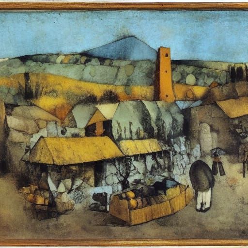 Eventful Farmstand in the Style of El Greco and Klee