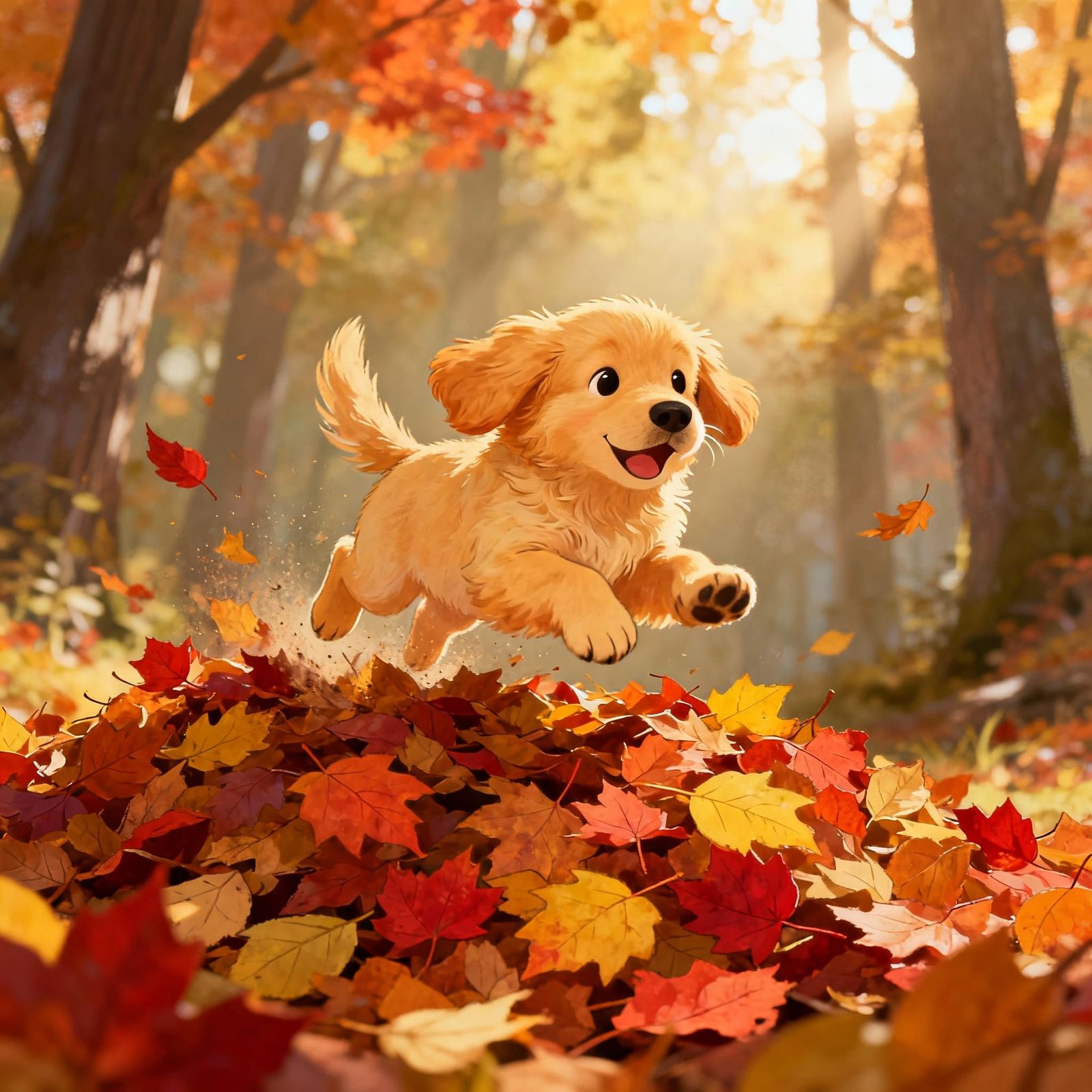 Golden Retriever Puppy Leaps into Autumn Leaves