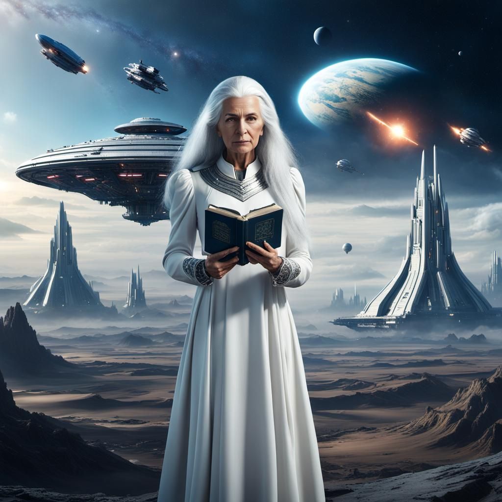 Elegant Woman with Bible and Spaceship