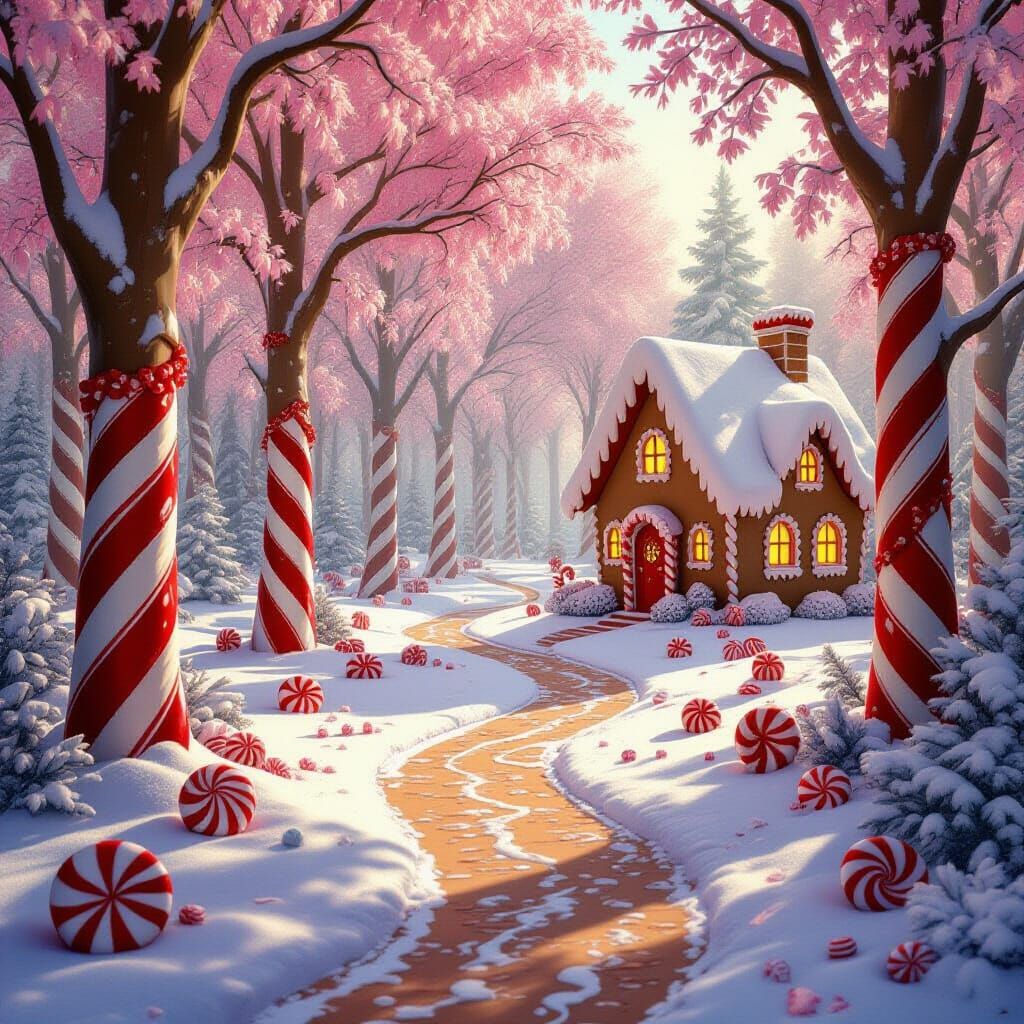 Candy Cane Forest with Gingerbread Cottage