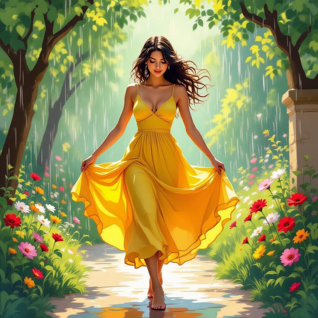 Woman in Yellow Dress Dancing in Summer Rain