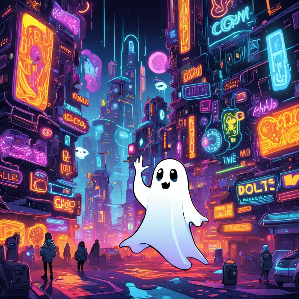 Friendly Ghost in Cyberpunk City: Cartoon Art