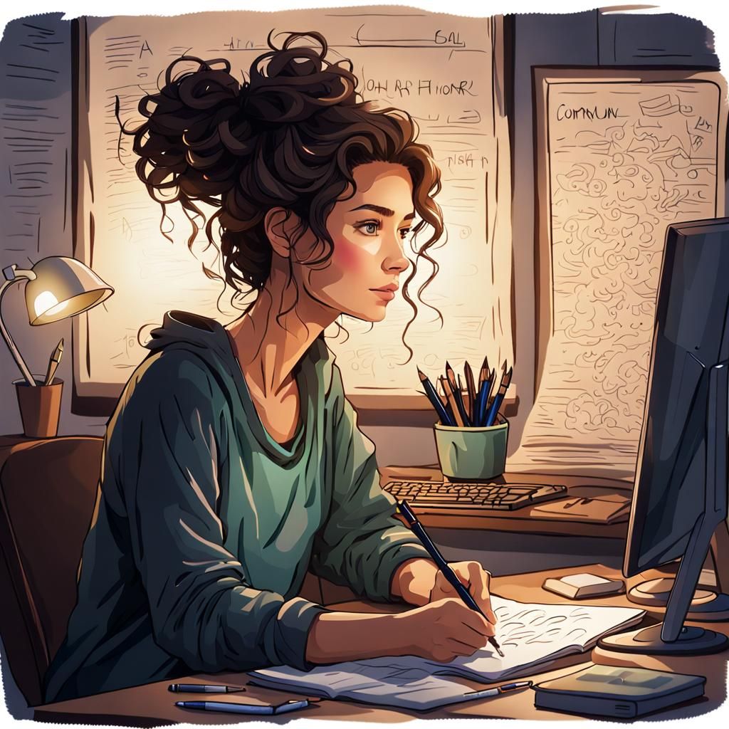 Young Woman Writing at Computer at Night