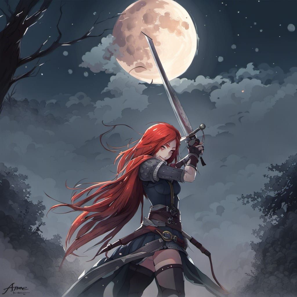 Anime Girl with Sword Under Full Moon