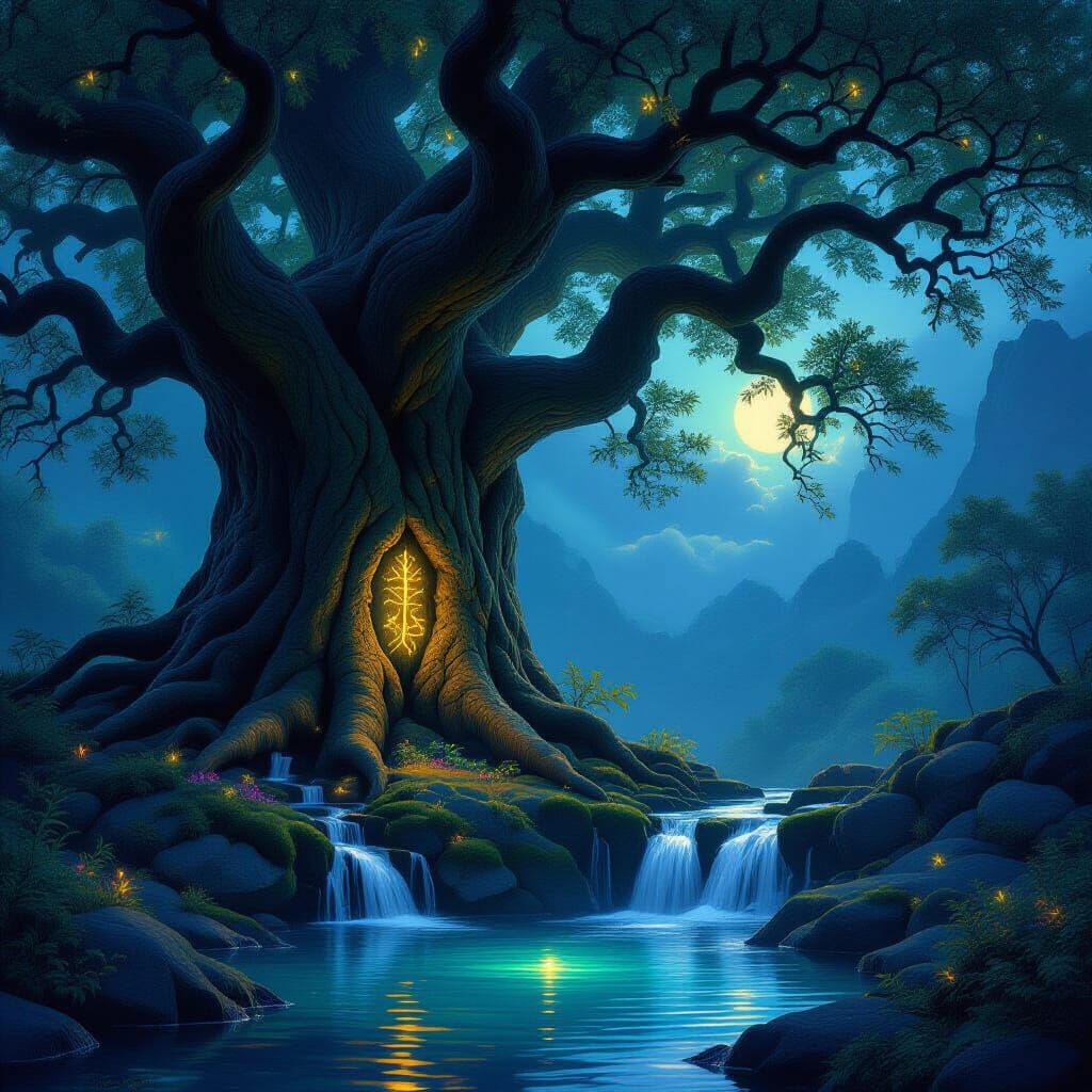 Majestic Ancient Oak with Glowing Runes and Waterfall
