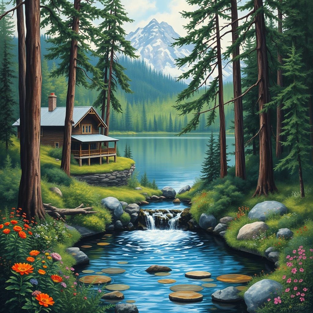 Cabin Amidst Canadian Wilderness with Lake and Waterfall