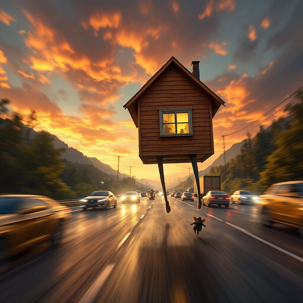 House on Legs Chases Mouse on Highway