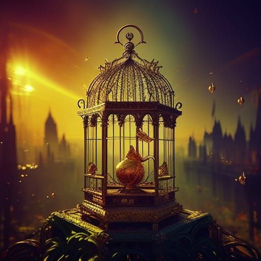 Gilded Bird Cage Sparkling in Ethereal Sunrise