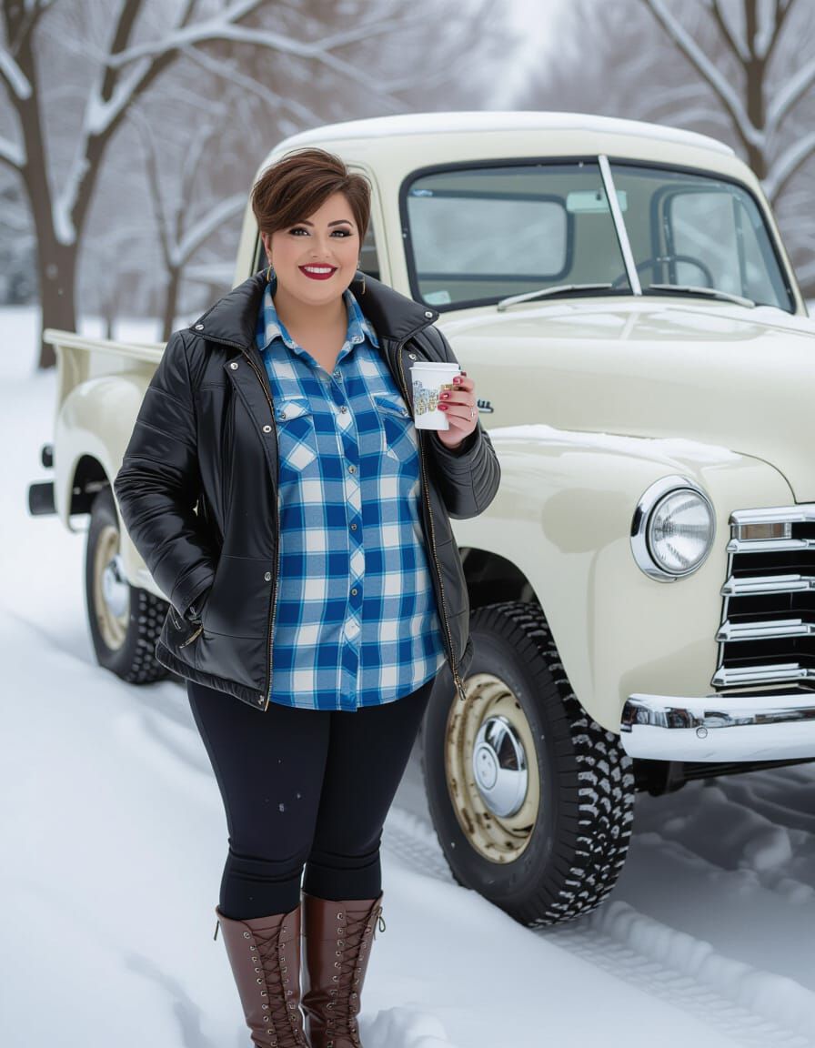 Egyptian Woman Enjoys Coffee by Vintage Truck in Snowy Park