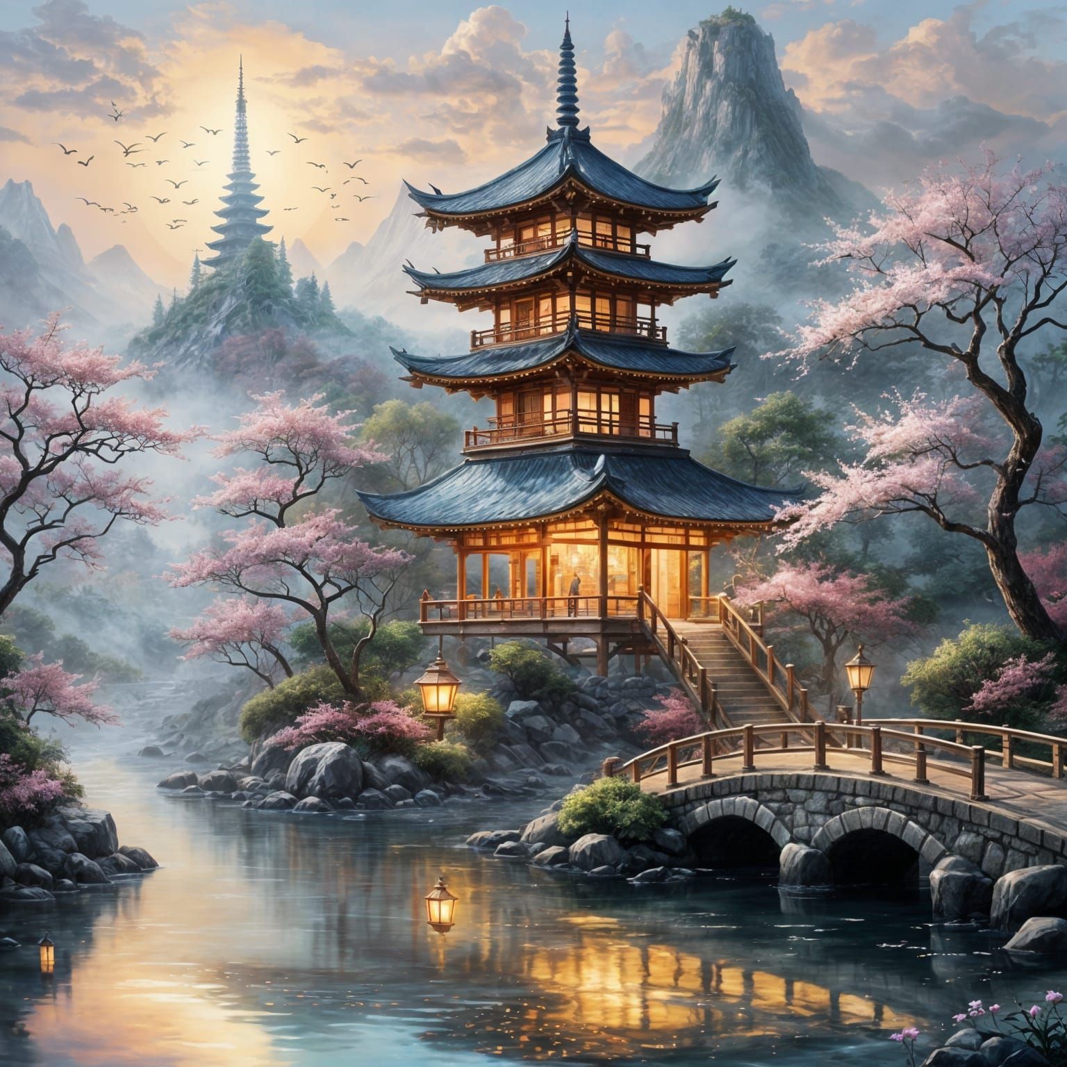 Ethereal Pagoda on Island Bridge in Japanese Mist