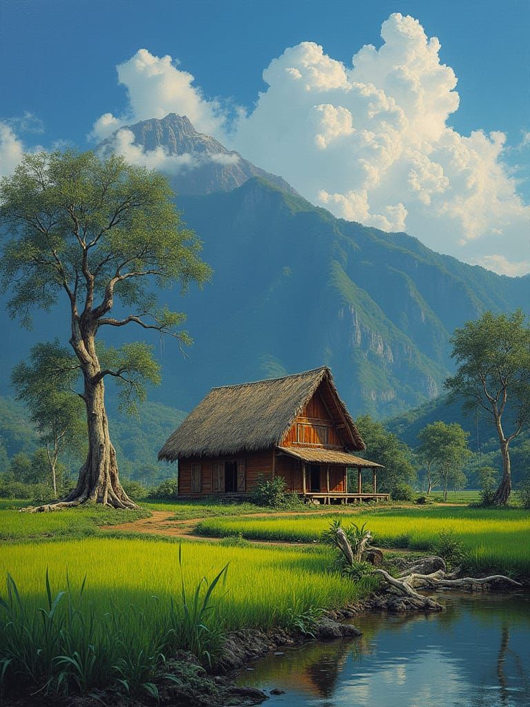 Serene Wooden Hut in Emerald Rice Fields