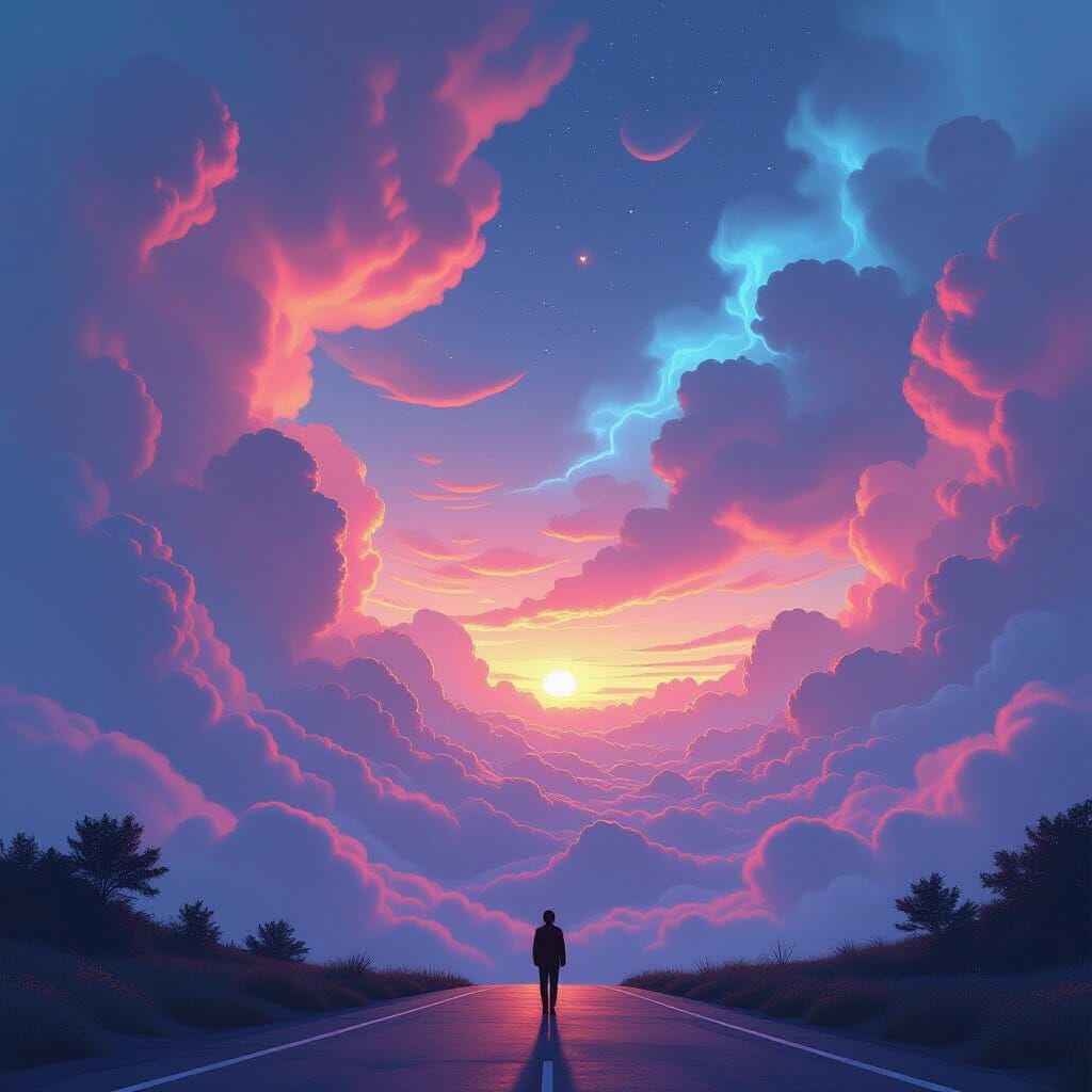 Surreal Dreamscape with Swirling Clouds in Digital Art Style