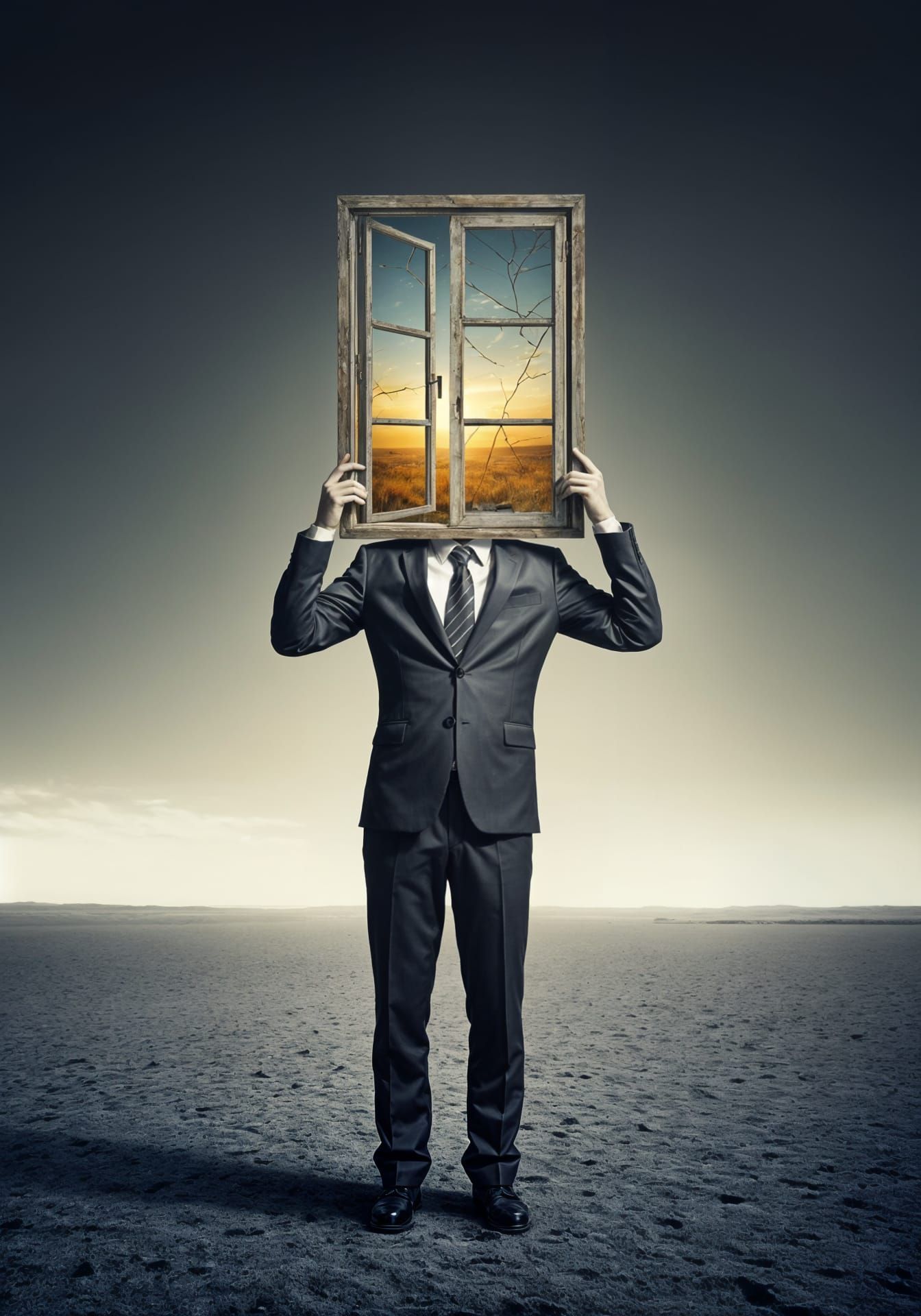 Abstract Figure Opens Wooden Window to Sunny Day