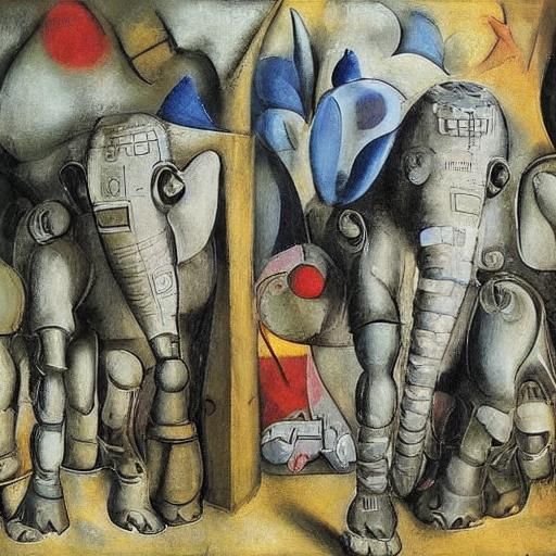 Robots with Elephant Trunks in Cubist Renaissance Style