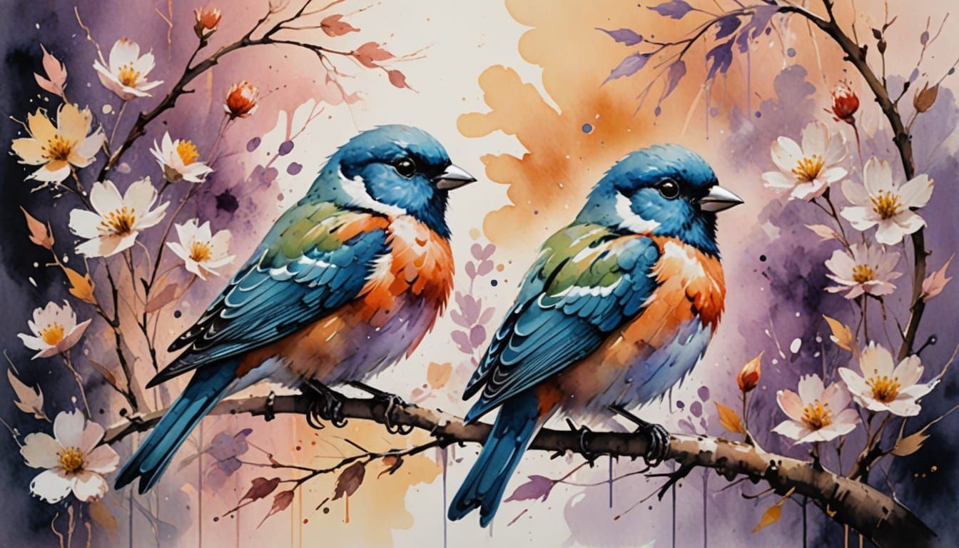 Plump Lovebirds in Heart Pose with Pastel Blossoms