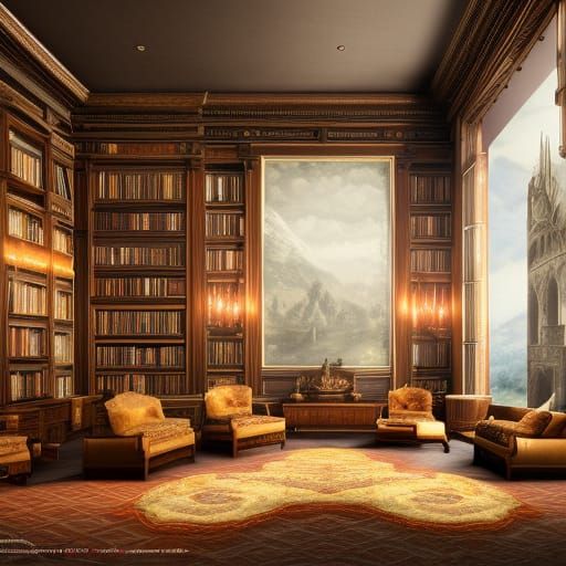 Luxurious Library with Fireplaces in Fantasy Concept Art