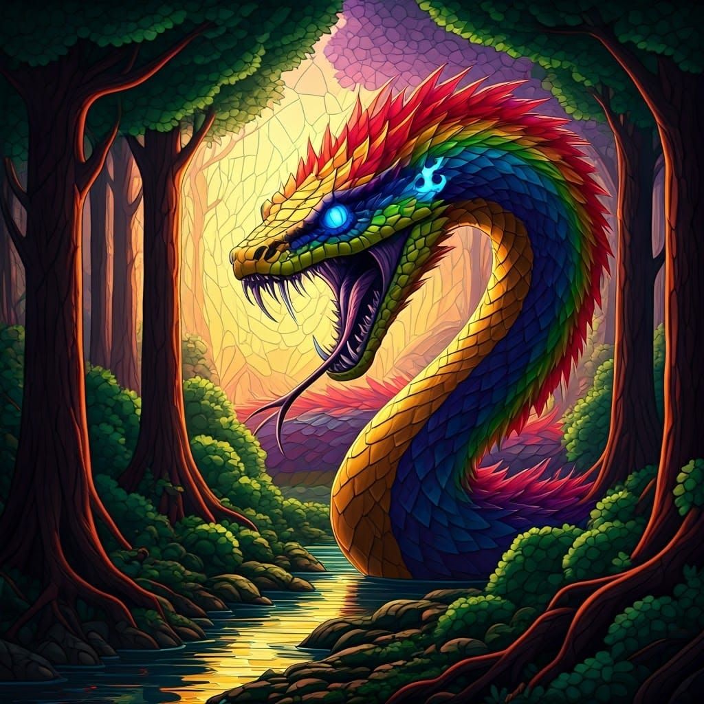 Vibrant Stained Glass Kaiju Snake Towers Over a Colorful For...
