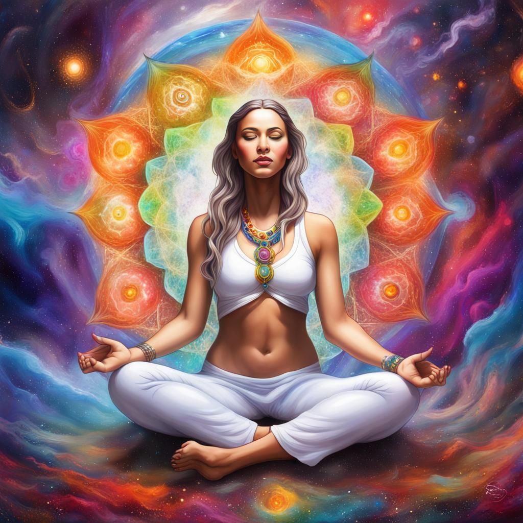Goddess Meditating in Galaxy: Splash Art Style
