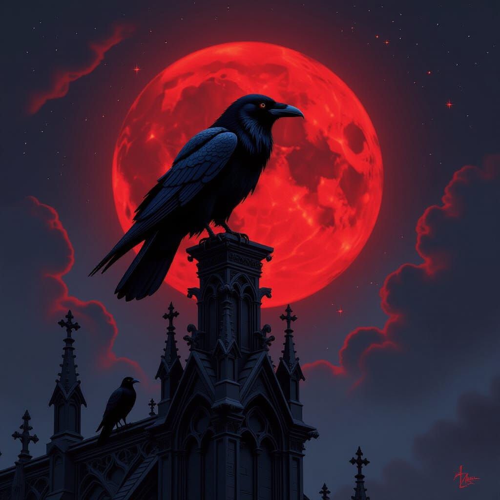 Obsidian Raven on Gothic Spire in Surreal Style