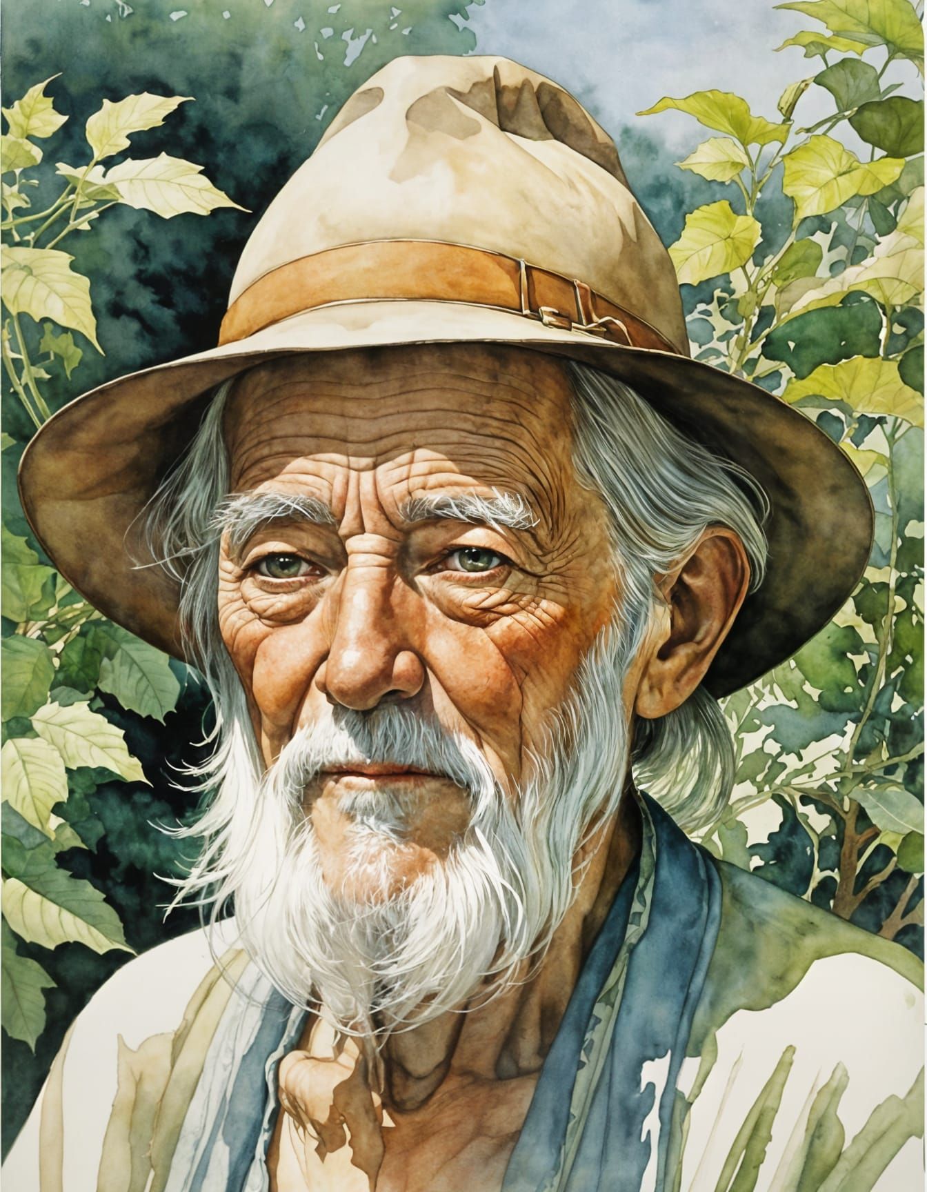 Ethereal Watercolor Landscape of a Wise Elder Gardener