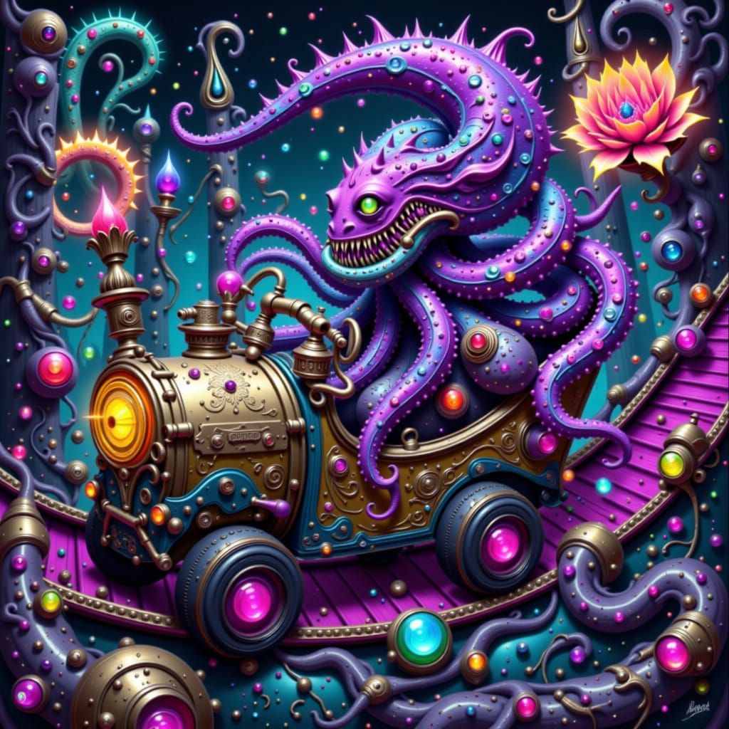 Dinosaur Octopus Apothecary on Rollercoaster in Anime Style