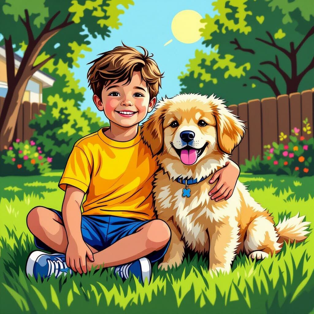 Boy and Dog in Sunny Yard, Comic Pop Art Style