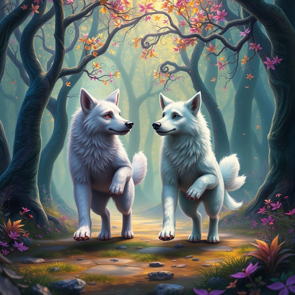 two adorable, anthropomorphic dogs with powerful bodies and limbs, one with shimmering lavender fur and the other with s...