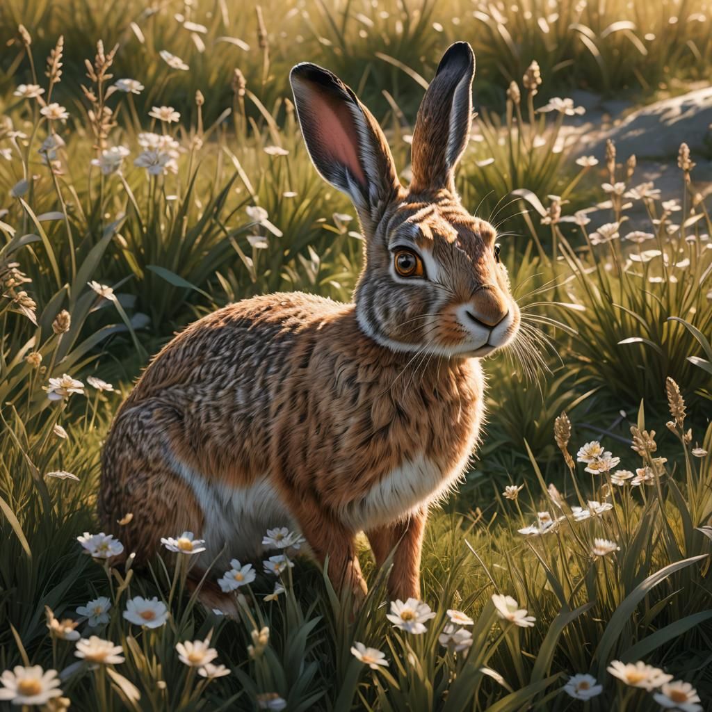 Hare in Sun-Drenched Meadow: 3D Rendered Art